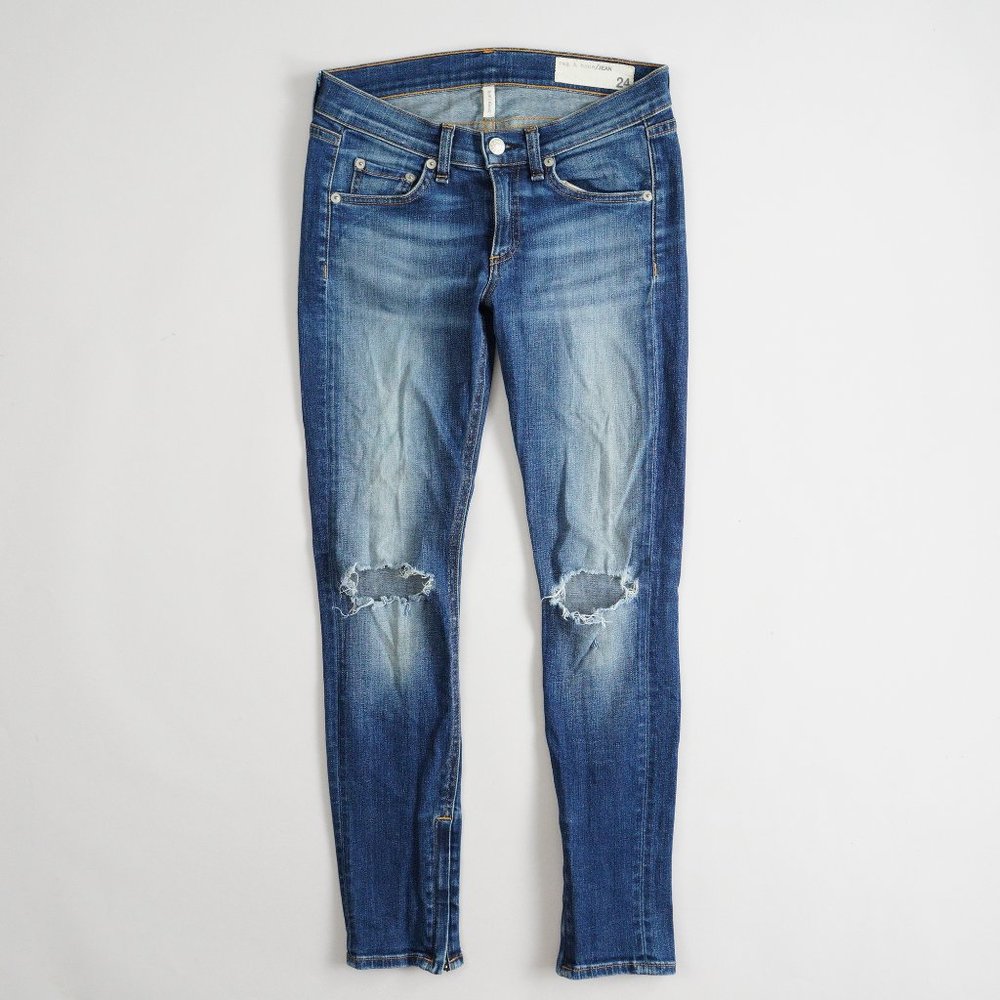 Rag & Bone Ankle Zipper Capri Distressed Low Rise Jeans Blue Womens Size 24